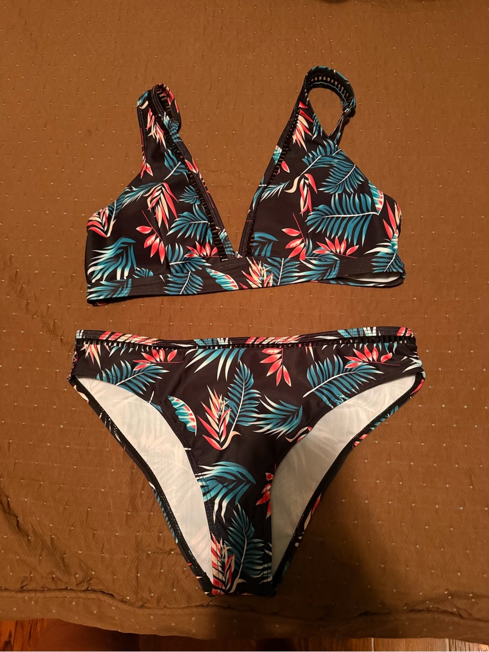 SHEIN Black Tropical Leaf Bikini - Teal & Coral